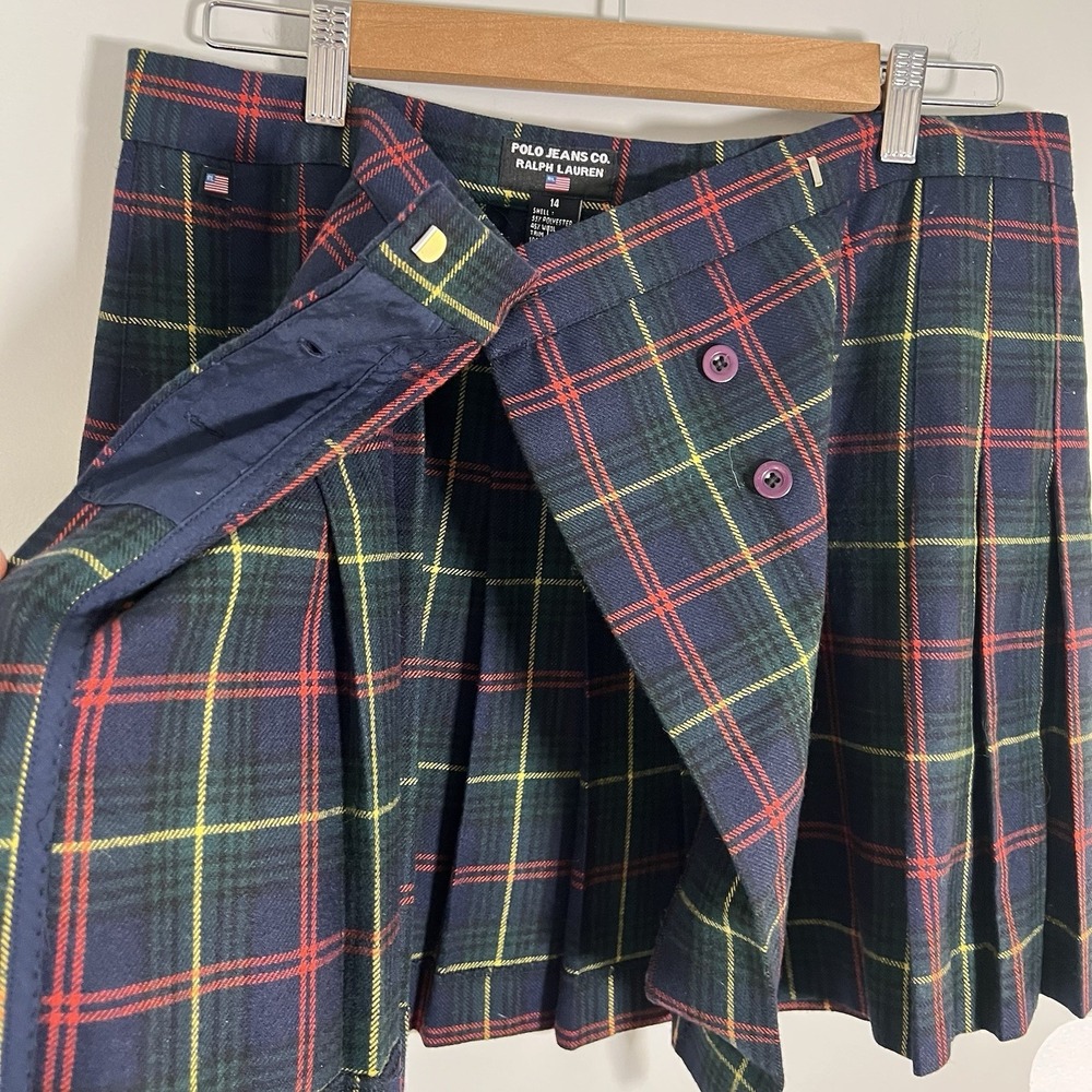 Polo Ralph‎ Lauren Plaid Wool Blend Wrap Skirt Size 14 Dark Academia Preppy EUC - Picture 3 of 6